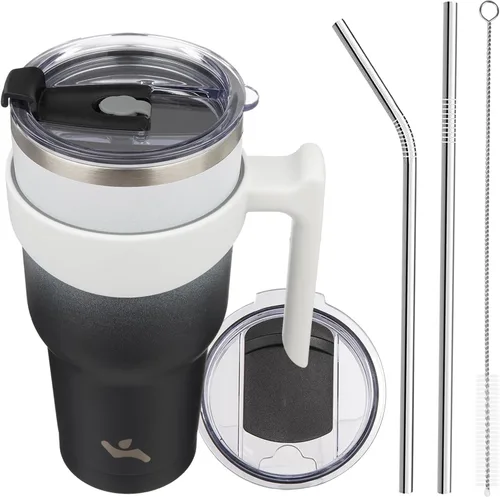 Miniatura 25 de Konokyo - Vaso de 10 onzas con asa y 2 popotes, 2 tapas, botella de agua aislada de acero inoxidable, taza de viaje reutilizable, color verde militar