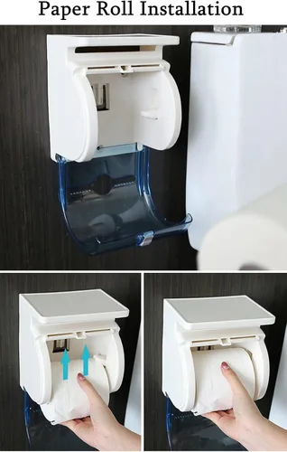 Miniatura 5 de Soporte de papel higiénico para montaje en pared, dispensador de papel higiénico de plástico impermeable a prueba de gatos con estante, autoadhesivo