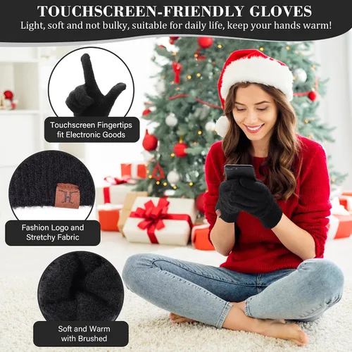 Miniatura 3 de Womens Winter Warm Beanie Hat Touchscreen Gloves Long Scarf Set Rib Cable Knit Fleece Lined Skull Pom Caps