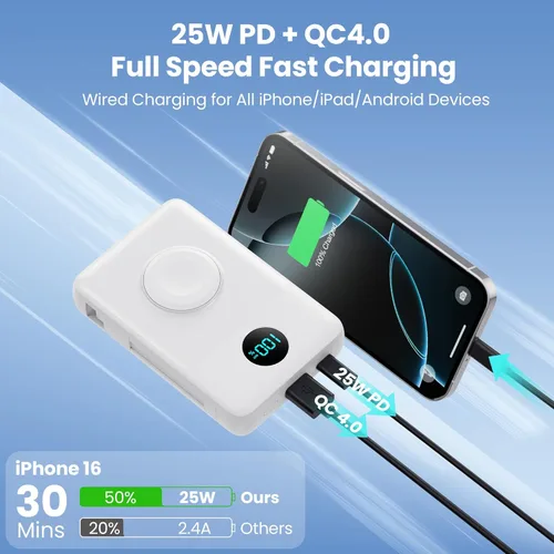 Miniatura 14 de Cargador portátil magnético de 10800 mAh para iPhone con cables integrados, cargador de batería inalámbrico 6 en 1 con cargador iWatch, pantalla LCD