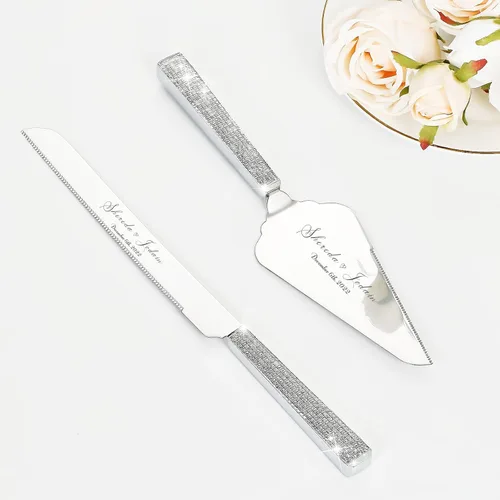 Miniatura 9 de Juego de cuchillo y servidor para pastel de boda, juego de corte de pastel personalizado, elegantes cortadores de pasteles grabados con diamantes