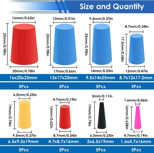 Miniatura 2 de smseace Paquete de 40 tapones de goma de 1/16 pulgada a 5/8 pulgada, tapones de goma de 8 tamaños, tapones de silicona de alta temperatura