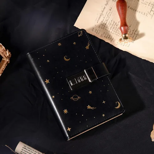 Miniatura 7 de TIEFOSSI Diario de cuero estrellado con cerradura, carpeta de papel recargable, diario de contraseña, cuaderno secreto A6 de tapa dura para mujeres