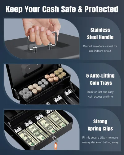 Miniatura 6 de Uniclife Caja de efectivo con bandeja de dinero y cerradura, caja de dinero grande para caja registradora, caja de seguridad de metal con llave