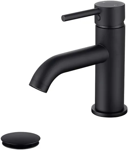 Grifo de baño de una sola manija negro con conjunto de desagüe de metal y escudo, negro mate (negro mate-JO1)