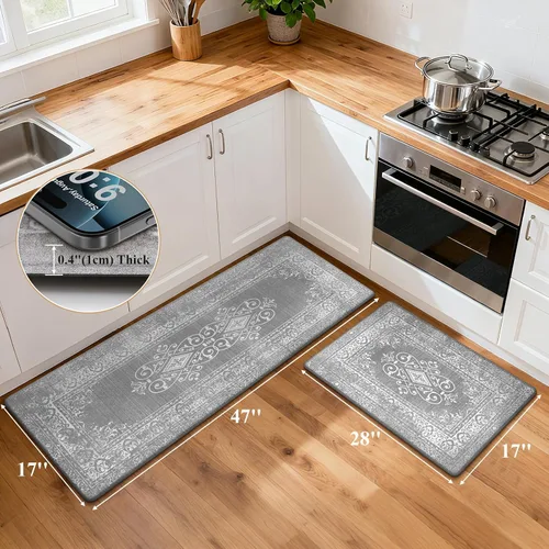 Miniatura 2 de Ileading Juego de 2 tapetes de cocina antifatiga, acolchados para piso, impermeables, antideslizantes, cómodos para cocina, oficina, fregadero, Gris