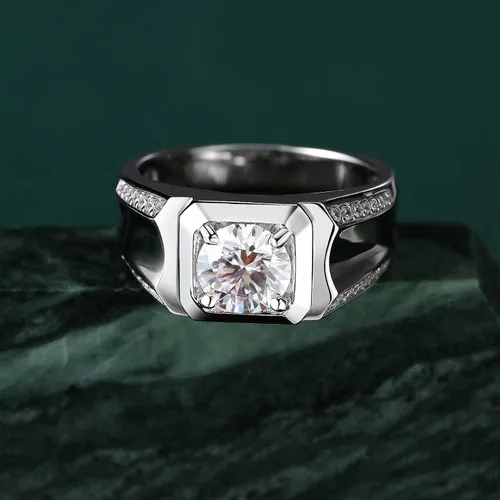 Miniatura 2 de SweetJew Anillo de boda de moissanita para hombre, plata de ley 925, 2cttw D, color VVS1, claridad brillante, corte redondo, anillos de promesa