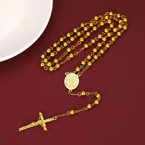 Miniatura 8 de FaithHeart Collar de cuentas de rosario católico medalla de San Miguel San Cristóbal Virgen María y San Benito con dije de cruz cuentas de 6 mm0236