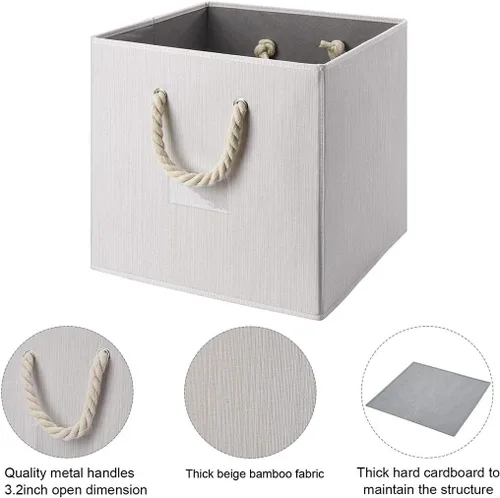 Miniatura 4 de Contenedores plegables de almacenamiento de tela de bambú beige y blanco, organizador resistente con asa de cuerda de algodón para oficina en casa