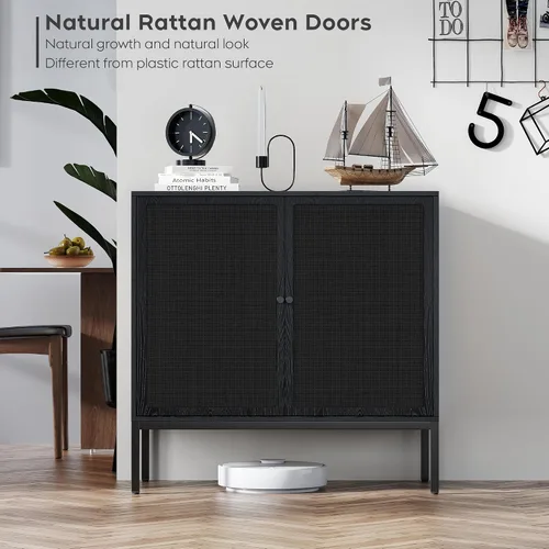 Miniatura 3 de Brafab Aparador negro con puertas decoradas de ratán natural, 31.5 pulgadas de ancho, armario de almacenamiento de ratán Credenza, gabinete bohemio