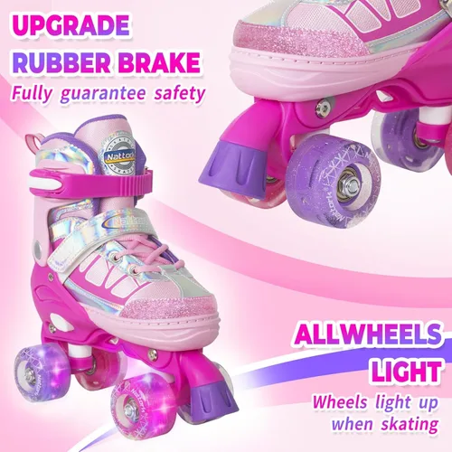 Miniatura 2 de Nattork Patines de ruedas para niños y niñas, 4 tamaños ajustables con ruedas iluminadas para niños principiantes para interiores y exteriores Rojo