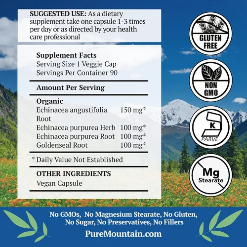 Miniatura 4 de Pure Mountain Botanicals Cápsulas de sello de oro de equinácea – 450 mg de complejo orgánico de raíz de equinácea y sello de oro – 90 cápsulas