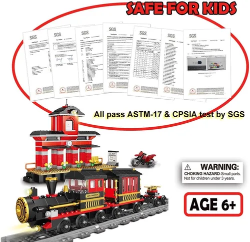 Miniatura 6 de Bloques de construcción, 583 piezas, juego de tren clásico con construcción de estación, ladrillo educativo, juguetes de aprendizaje para niños
