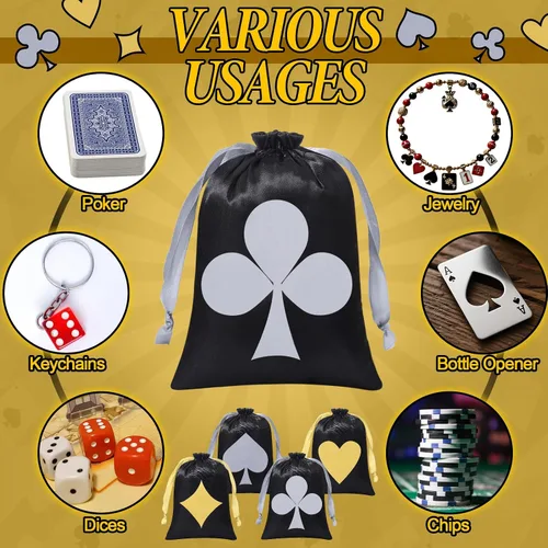 Miniatura 4 de SilTriangle 24 bolsas de regalo de fiesta de casino, decoraciones de fiesta temática de casino con cordón de Las Vegas, bolsas de póquer de satén