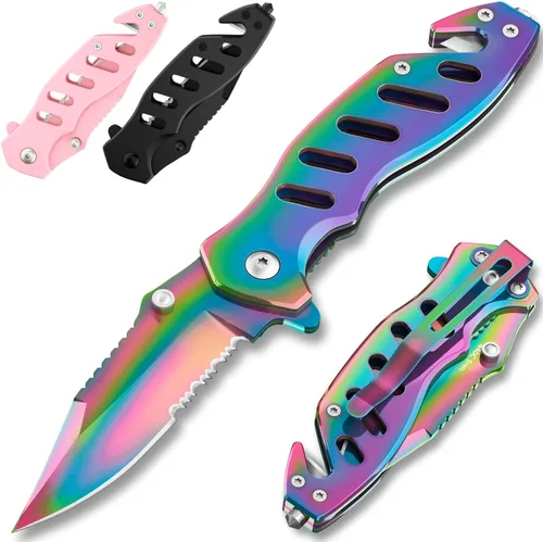 Miniatura 10 de Cuchillo táctico legal para hombres y mujeres - Hoja serrada de 2.68 pulgadas - Pequeños cuchillos de bolsillo negros con rompecristales y cortador