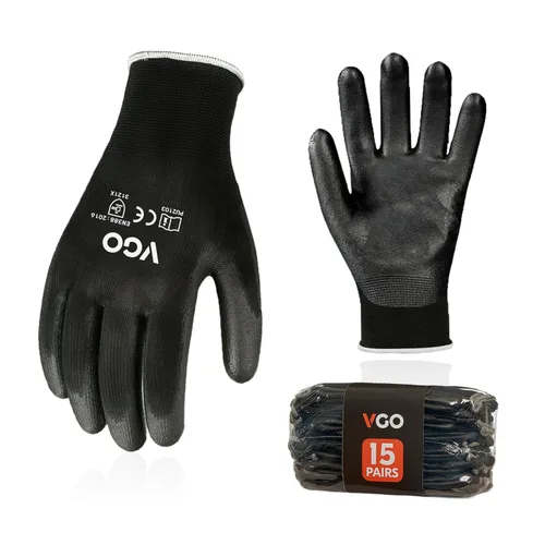 Vgo... 15 pares de guantes de trabajo de seguridad, guantes de jardinería, revestimiento de poliuretano, guantes de inmersión, sin látex (talla S,