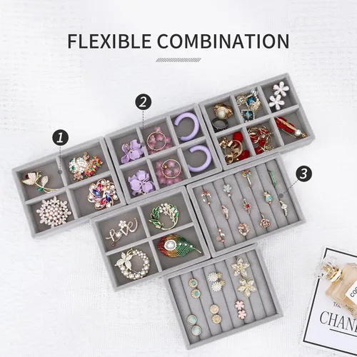 Miniatura 3 de DesignSter Bandeja pequeña para joyas, 2 organizadores de anillos, bandeja de exhibición de joyas de terciopelo, bandejas organizadoras de joyas