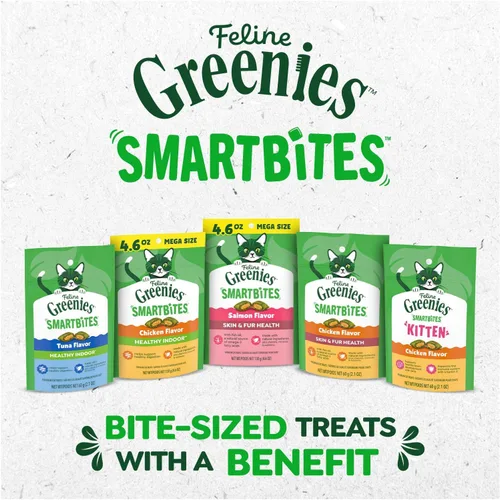 Miniatura 9 de Greenies Feline Smartbites, Receta saludable de golosinas para gatos, golosinas para gatos de interior, sabor a pollo, paquete de 2.1 onzas