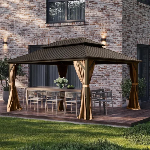 Miniatura 37 de Domi - Cenador permanente de metal con techo rígido de 8 x 8 pies, con doble techo de acero galvanizado, cortinas y malla para fiestas, bodas, Gris