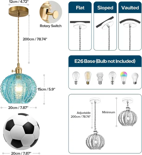 Miniatura 2 de Lámpara colgante vintage de 7.9 pulgadas, 1 luz, luces colgantes para isla de cocina con vidrio soplado a mano de cobre azul, pequeña lámpara