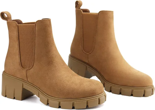 Miniatura 6 de starmerx Botines de plataforma para mujer, botas Chelsea elásticas, tacón medio, botines sin cordones