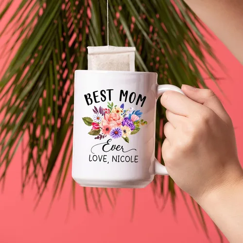 Miniatura 3 de Taza de café con nombre personalizado "Best Mom Ever", regalos para cumpleaños, regalos de niños, taza de café floral personalizada, regalo