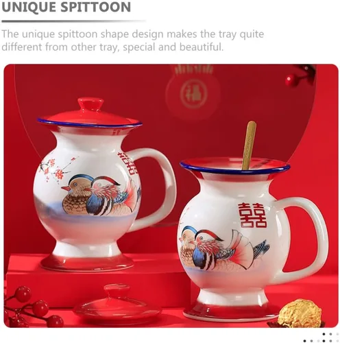 Miniatura 6 de SHERCHPRY Tazas de leche de cerámica, Taza en forma de escupitón con tapa, Tazas de broma, Tazas chinas retro de porcelana, Tazas de agua