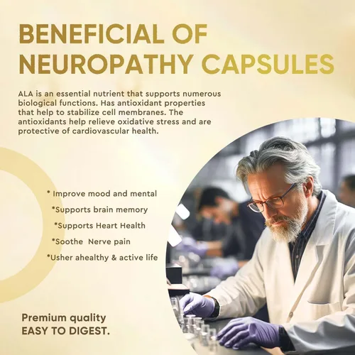 Miniatura 6 de Suplemento de apoyo a la neuropatía – 600 mg de ácido alfa lipoico (ALA) y 10 ingredientes calmantes nerviosos – Fórmula avanzada de alivio nervioso