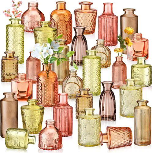 Yaomiao 30 jarrones de vidrio de flores de colores a granel, botellas de vidrio de colores vintage de San Valentín, coloridos rústicos en relieve