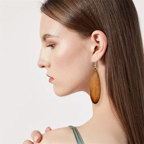 Miniatura 3 de Aretes colgantes bohemios retro de madera natural con forma de lágrima africana, ligeros, hechos a mano, largos, grandes, vintage, geométricos