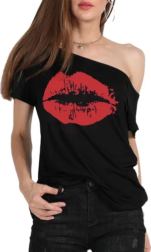 Miniatura 55 de MAGICMK - Camiseta casual para mujer, con estampado de labios y hombro descubierto, talla extragrande