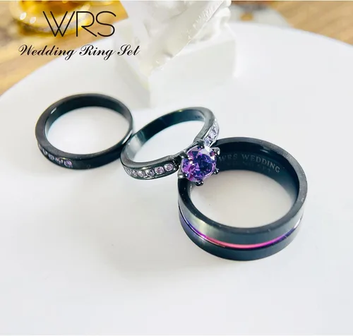 Miniatura 5 de Juego de anillos de boda His Hers para parejas, anillos a juego para mujer, chapado en oro negro de 18 quilates, circonita violeta, anillos