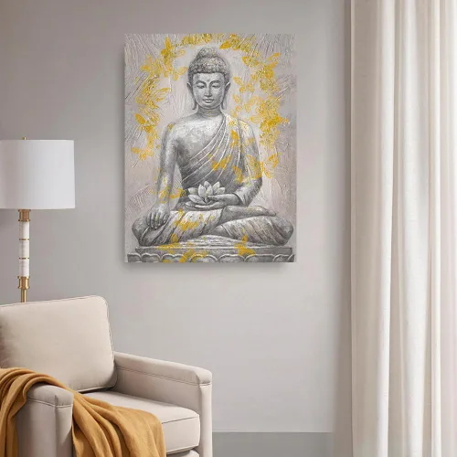 Miniatura 6 de Yidepot Lienzo decorativo de Buda para pared, lámina dorada: estatua zen con textura de flor de loto para budismo, decoración de pared, carteles