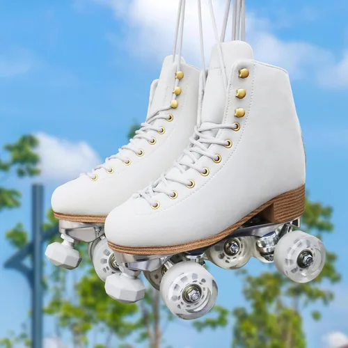 Miniatura 5 de Patines de ruedas para mujer o hombre con topes de goma ajustables en altura, patines retro de gamuza cuádruples para exteriores e interiores Gris