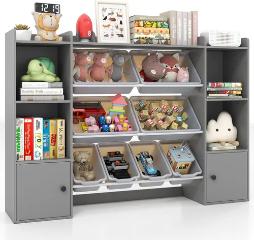 Miniatura 10 de Costzon Organizador de almacenamiento de juguetes para niños con 8 contenedores, estantería de madera para niños pequeños con estantes abiertos