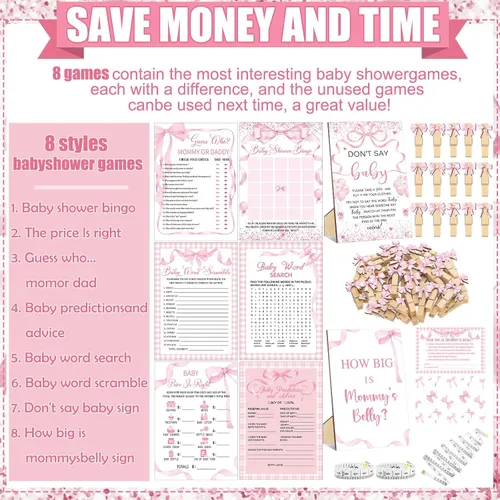 Miniatura 4 de Funnymoom Juego de 426 juegos de baby shower con lazo rosa, 8 juegos, incluye bingo de baby shower, precio correcto, adivina quién, revuelto