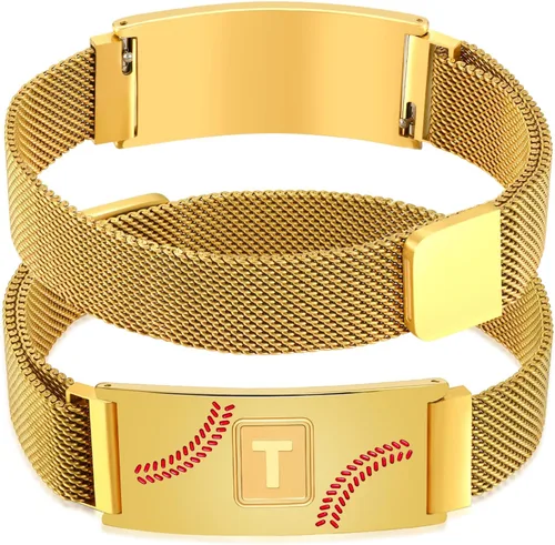 Miniatura 70 de Fervia Regalos de graduación de Pascua para hombres, pulsera con inicial de béisbol, color negro, plateado, dorado, acero inoxidable, pulseras