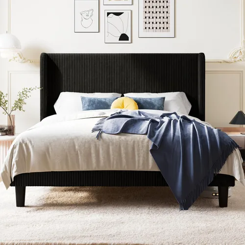Miniatura 3 de Allewie - Base de cama tamaño Queen con cabecera tapizada de ala de respaldo, plataforma de cama de terciopelo corduroy acolchado con diseño Negro
