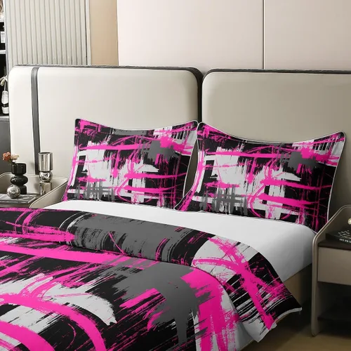 Miniatura 4 de jejeloiu Juego de ropa de cama de color rosa intenso, negro y gris, tamaño individual, juego de funda de edredón de arte abstracto para niños, funda