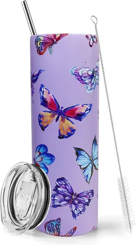 IchDich Vaso de mariposa con tapa y popote de 20 onzas, vaso aislado de acero inoxidable con diseño de mariposa morada, botella de agua, taza de