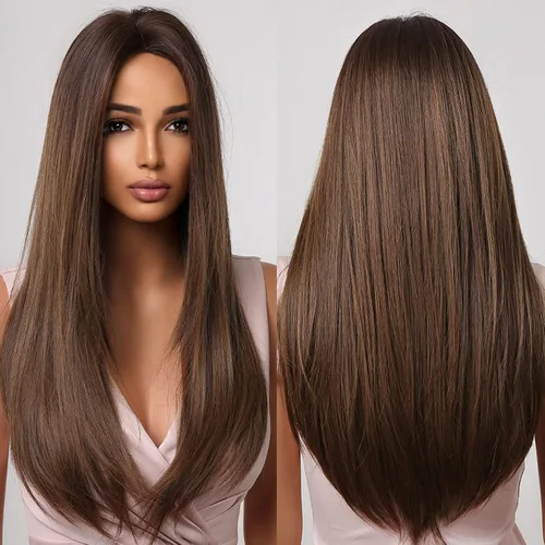 Miniatura 7 de Allbell Pelucas marrones largas negras para mujeres negras, pelucas de cabello lacio castaño oscuro con reflejos rubios, peluca larga de parte