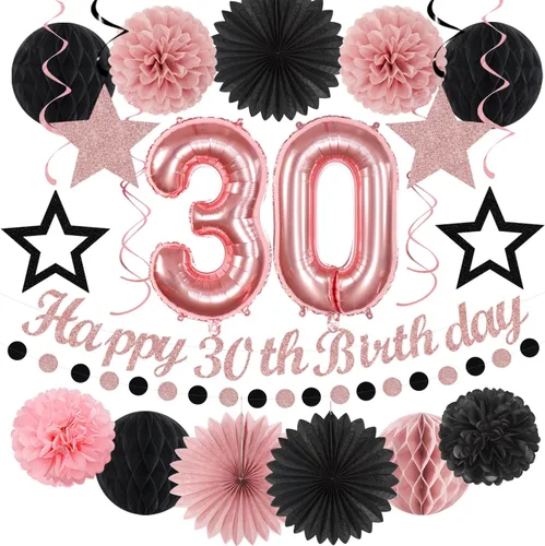 Miniatura 19 de Cartel de feliz cumpleaños rosa y negro para decoración de fiesta – 31 piezas de oro rosa 14º 40º para mujeres y niñas, faroles de papel