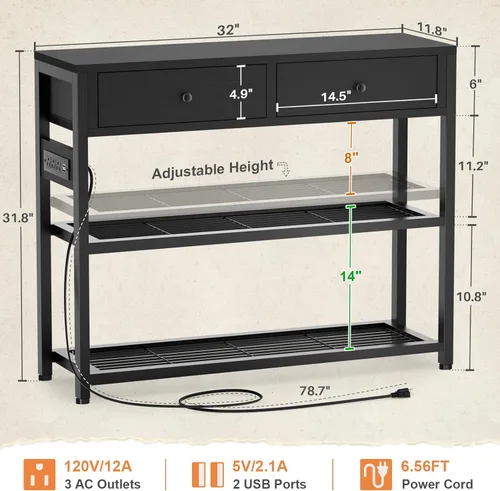 Miniatura 3 de Ecoprsio Mesa de Entrada con Tomacorrientes y Puertos USB, Mesa Consola con 2 Cajones, Mesa de Sofá Pequeña con Estantes de Almacenamiento para Sala
