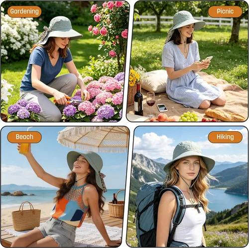 Miniatura 6 de Solaris UPF 50+ Gorro de ala ancha para mujer - Tamaño pequeño, ligero y plegable, gorro floral refrescante con solapa para el cuello