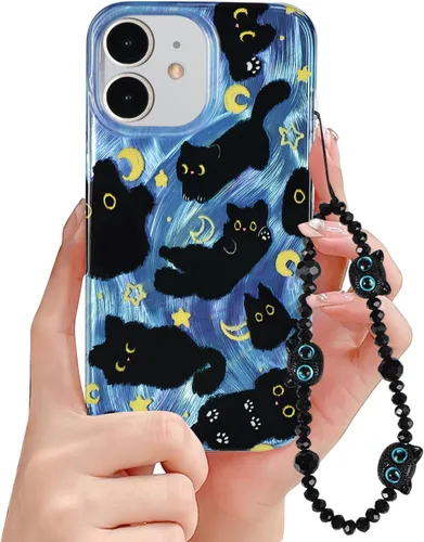 Funda de teléfono para iPhone 11 con patrón de gato lindo, estética, genial y femenina con correa de encantos de teléfono y cadena, funda protectora