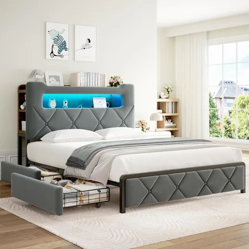 Miniatura 8 de Base de cama LED tapizada tamaño Queen con 2 cajones de almacenamiento y cabecera de almacenamiento de 2 niveles, cama de plataforma de terciopelo