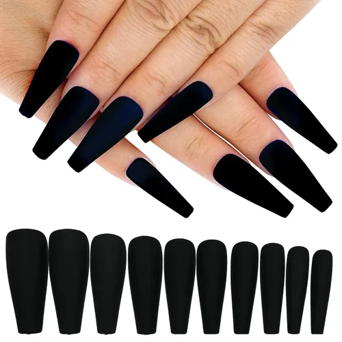 Miniatura 13 de AddFavor 120 uñas postizas negras a presión largas con pegamento y pestañas adhesivas, uñas acrílicas mate de cobertura completa para mujeres y niñas
