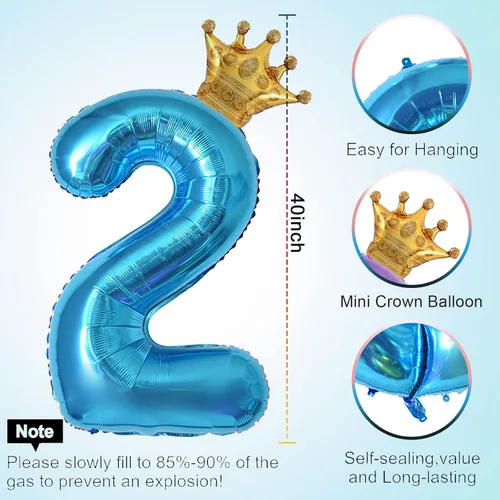Miniatura 2 de Globo azul número 2 de 40 pulgadas y mini globo de corona para decoraciones de fiesta de segundo cumpleaños, globos de fiesta temática azul