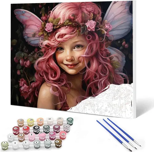 Angel Girl - Pintura por números para adultos, corona de rosas rosadas, pintura al óleo digital, pintura acrílica, kit de pintura linda para niñas,