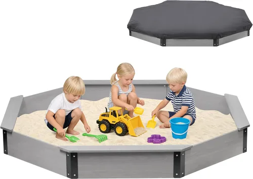Miniatura 9 de Cajón de arena de 64"x56"x8.5" octogonal con cubierta para juegos al aire libre de niños, arenero grande de madera con 4 bancos, instalación rápida